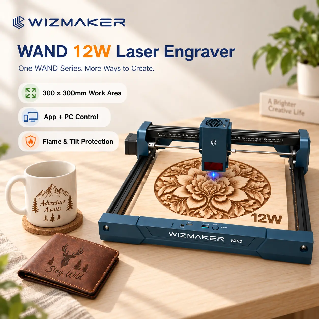 WIZMAKER Wand 12W Laser Engraver, 300×300mm High-Power Diode Laser Cutter for Wood, Leather, Paper, MDF, Felt, Coated Metals, Dark Acrylic, DIY, Small Business Projects