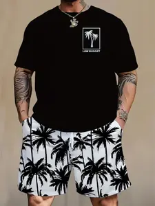 Men's Large Size Tropical Coconut Tree Print Summer Set Outfit, Menswear Short Sleeve Round Neck T-Shirt and Stylish Shorts, Casual Loose Fit, All Seasons
