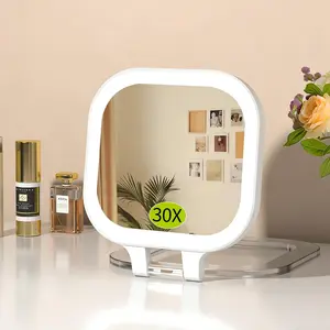 4inch 1x 30x Magnifying Travel Makeup Mirror with Lights, Rechargeable Lighted Compact Mirror with Light, 3 Color Lighting, Double Sided Portable Handheld Hanging, Gifts for Women,White