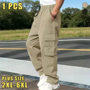 Plus Size (2XL–6XL) Men’s Trendy Cargo Wide-Leg Pants, Extra-Wide Loose Fit Casual Straight-Leg Design, Multi-Pocket Style, Adjustable Elastic Waist with Drawstring, Suitable for Outdoor Activities, Daily Commuting, Hiking, and Leisure Walks
