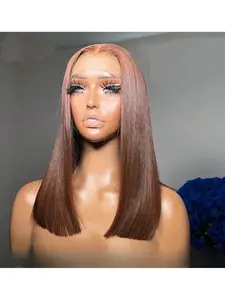 Brazilian Real Hair Wig, 13x4 HD Lace Front, 180% Density, Straight Bob Cut, Pre-Stretched, Chocolate, Suitable for Various Skin Colors, Lace Front Wigs, Lace Front Bobs, HD Lace Frontal