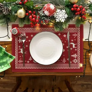 Reindeer Snowflake Round Christmas Placemat Set (4 pieces), 14-inch seasonal holiday winter Fair Isle pattern placemats, suitable for gifting, parties and dining table use