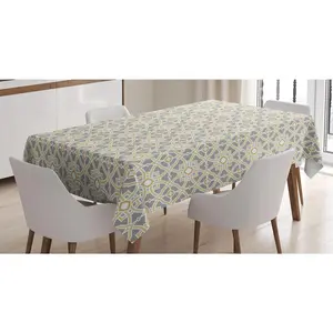 Geometric Tablecloth, Moroccan Floral Azulejos Inspired Squares Circles Art, Rectangular Table Cover for Dining Room Kitchen Decor, 60" X 84", Taupe Pale Yellow