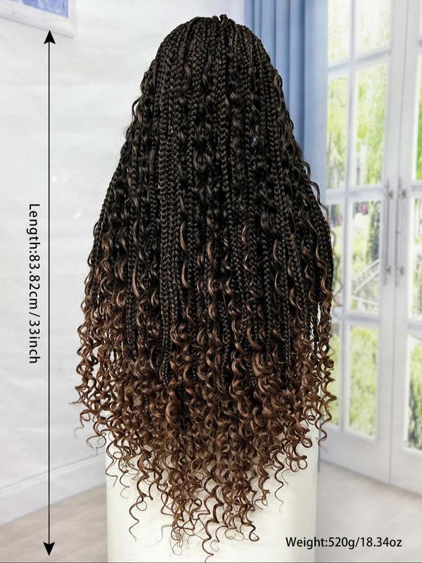 33 Inch Black Full Lace Front Box Braided Wig with Curly Hair Distressed Knotless Braided Wigs for Women, Synthetic Braided Lace Wigs for Party, Daily Use, Wigs That Look Like Real Hair, Kinky Curly Wigs