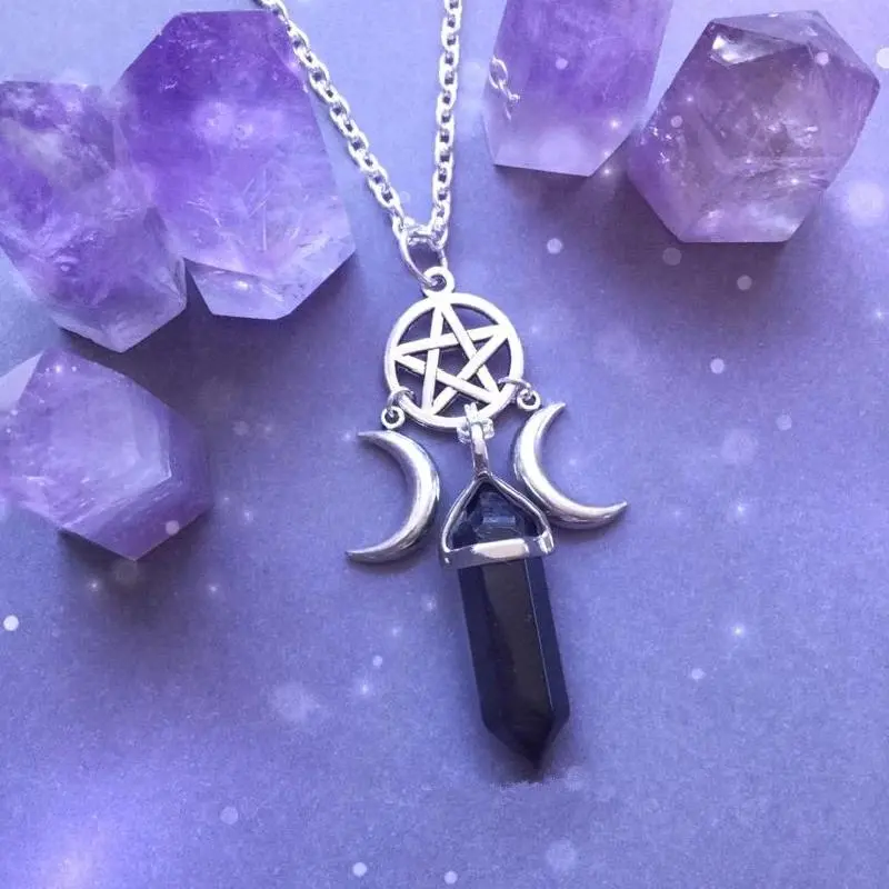 100% Brand New Women's Triple Goddess Crystal Point Pentacle Moon Necklace - Moonstone Pendant Wiccan Witchcraft Collar Jewelry, Creative Gift
