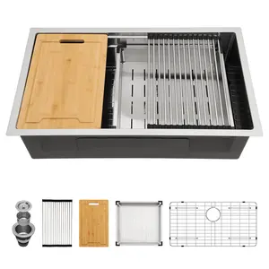 Sarlai 33 x 19 Inch Undermount Workstation Kitchen Sink Single Bowl Dual-Tier Ledge Undermount Kitchen Sink 16 Gauge Stainless Steel Kitchen Sink