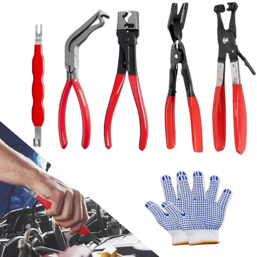Ergonomic 5PCS Electrical Disconnect Pliers Work Tool Kit, Auto Repair Set with 1 Pair Gloves, 60° Angled Connector Separator, Hose Clamp Pliers, Trim Clip Remover, Plug Release & Wire Terminal Remover, Work Tools