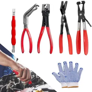 5PCS Electrical Disconnect Pliers Kit With 1 pair gloves, Auto Repair Tool Set with 60° Angled Connector Separator, Hose Clamp Pliers, Trim Clip Removal Tool, Plug Release and Wire Terminal Remover