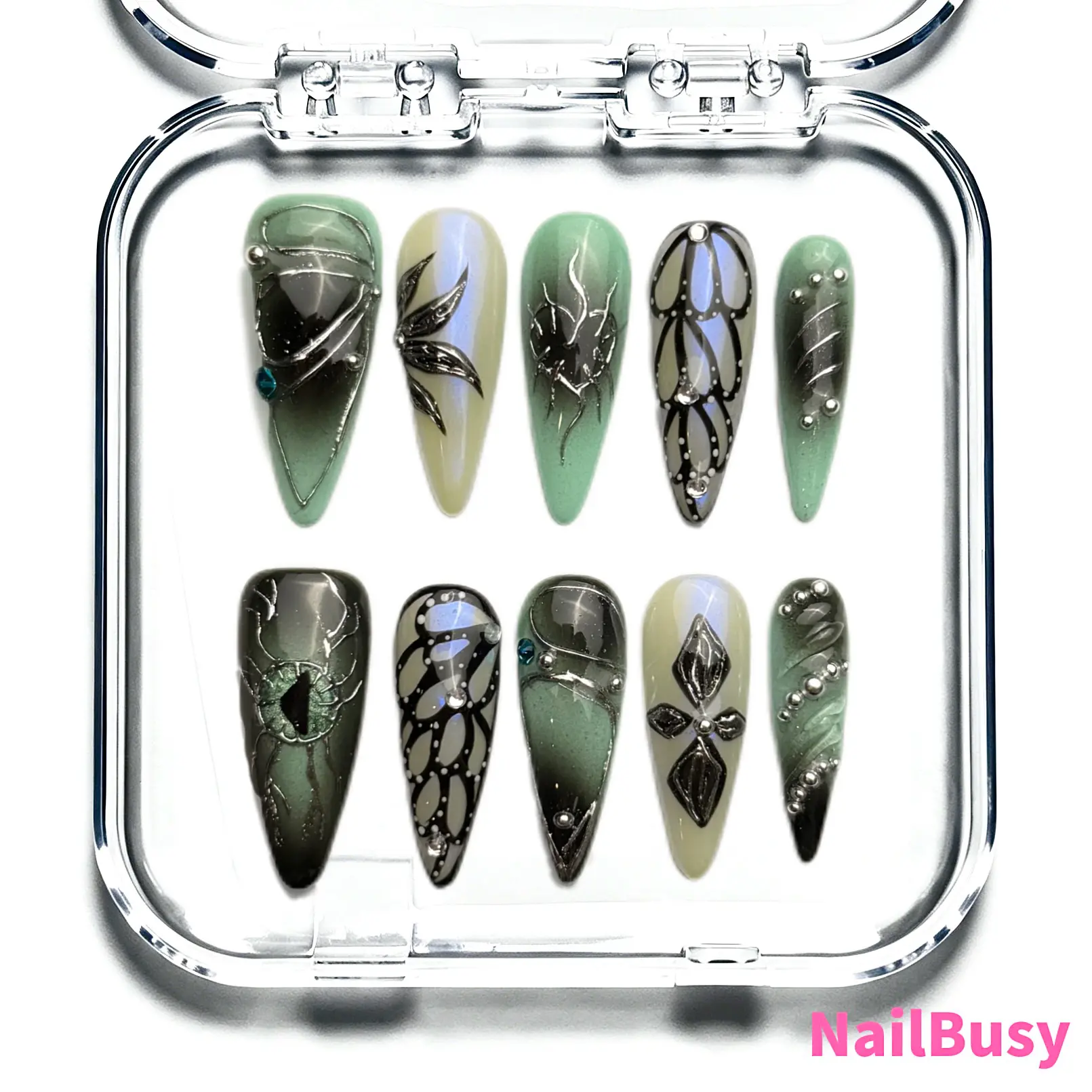 Nailbusy｜ Mint Green Spider Lace Long Almond Press On Nails Witchy Coquette Fake Nails Nails diy gift handmade reusable acrylic fake nail custom nail elegant nail  removable fake nail