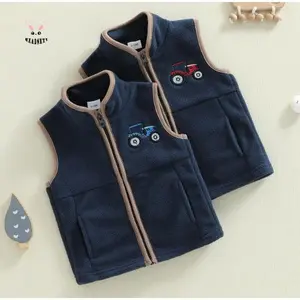 Boys Autumn Casual Vest Coat Sleeveless Stand Collar Zip Up Tractor Embroidery Fleece Vest Jacket