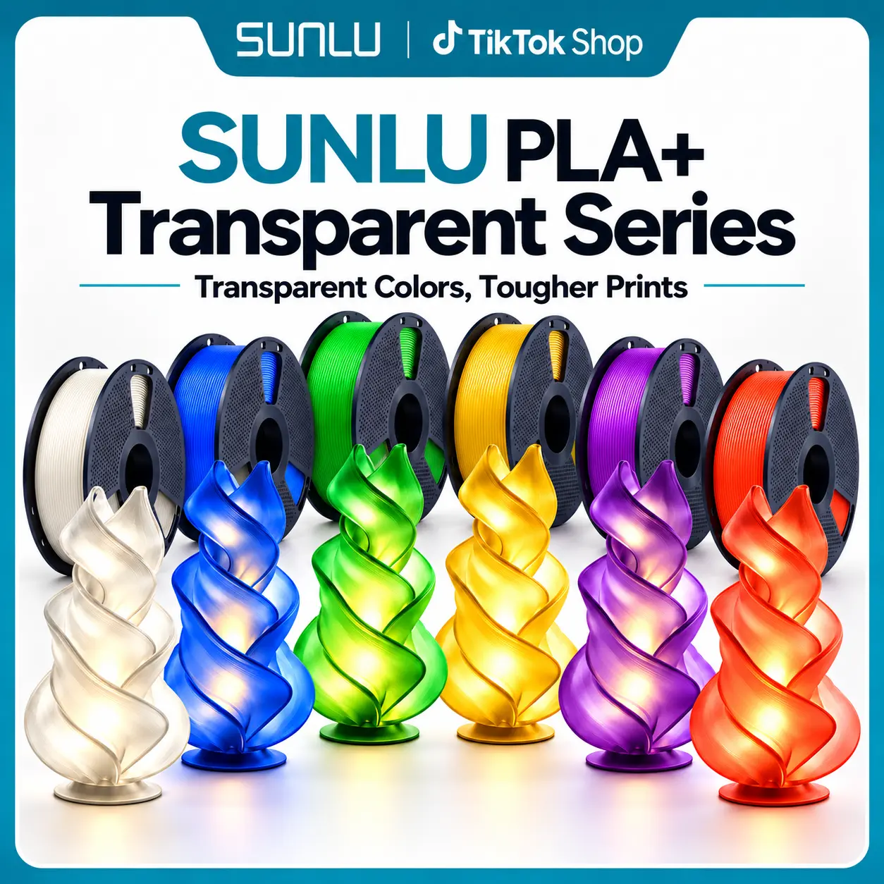 SUNLU PLA+ Transparent 3D Printer Filament, 1.75mm 1KG, Enhanced Toughness, Clear & Translucent Vibrant Colors, Smooth Printing, Low Warping, Clog & Tangle Free, Compatible with FDM 3D Printers
