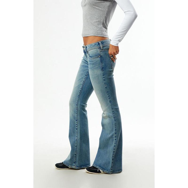 Pacsun Women's Alana Ultra Low Rise Flare Jeans Button Pockets Light Blue