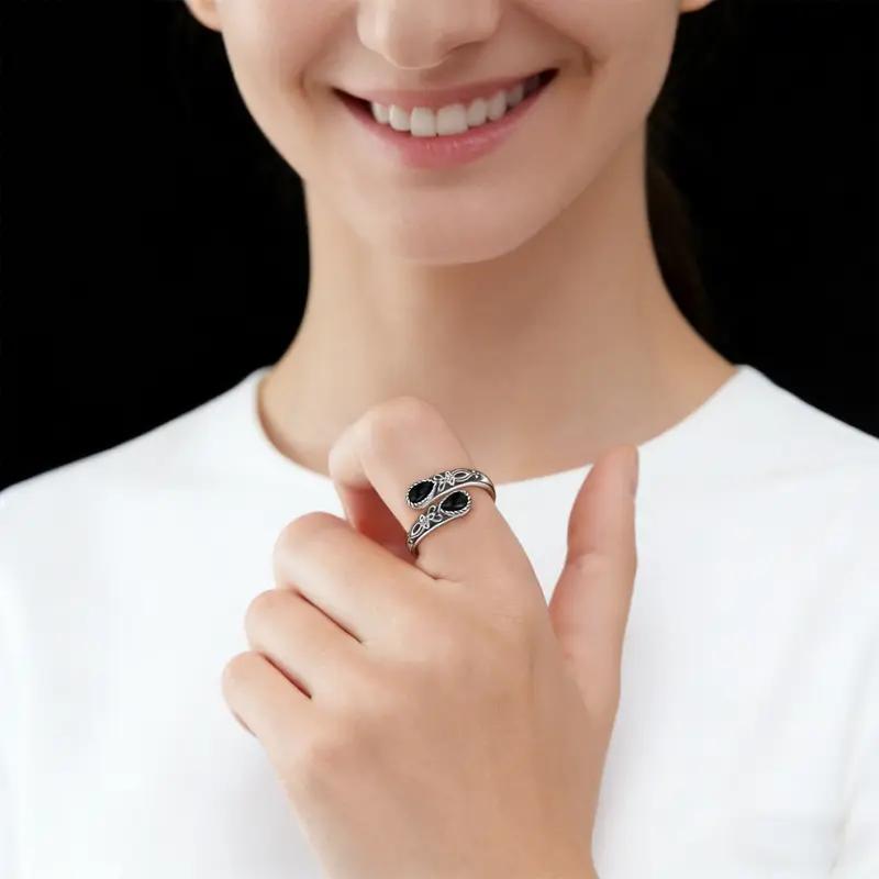 September Laurel Vintage Celtic Knot Black Onyx Ring, 925 Sterling Silver Open Ring, Retro Ornament Adjustable Band for Women, Ideal Gift for Mother’s Day & Birthdays Wedding Engagement Ring Wedding Rings