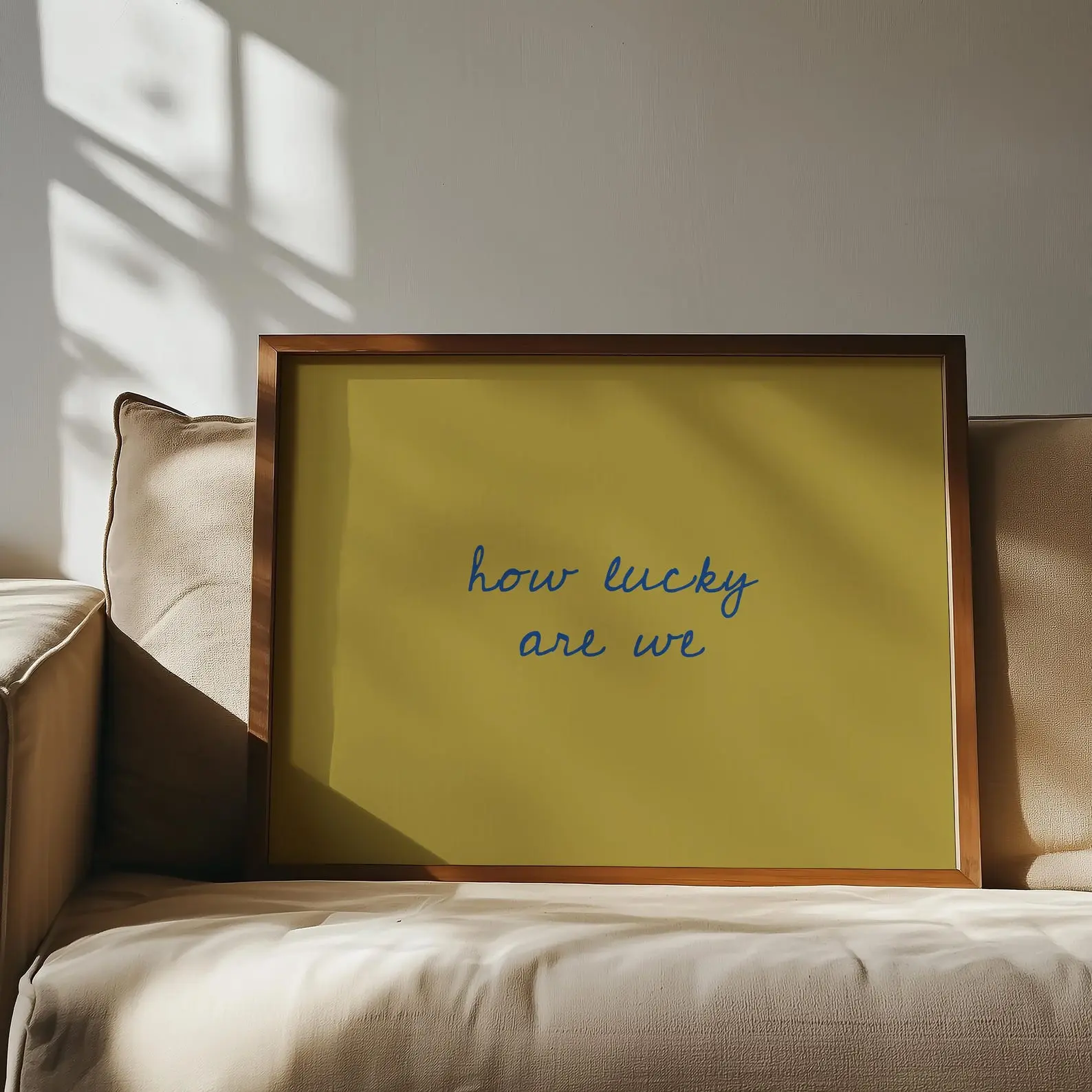 Printed How Lucky Are We, Handwritten Font, Yellow Home Wall Art, Modern Minimalistic, Living Room Wall Art, Vintage Poster,Horizontal Print