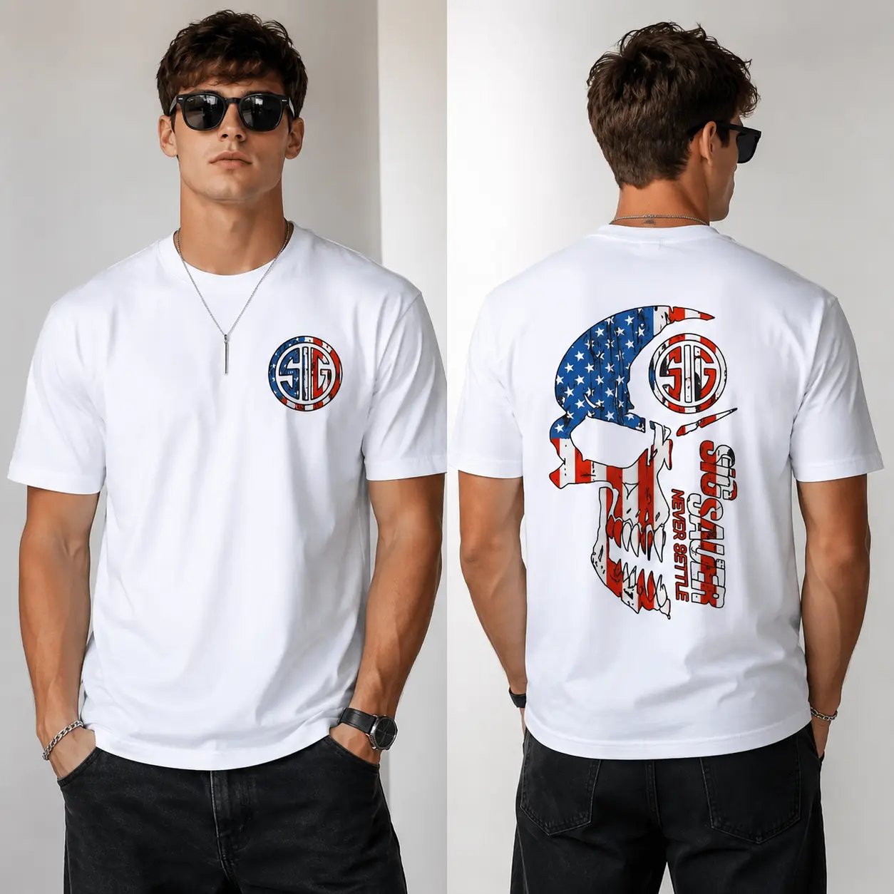American Flag Skull Two-Sided Graphic T-Shirt, 100% Cotton Short Sleeve Crew Neck Tactical Style Patriotic Tee for Men and Women