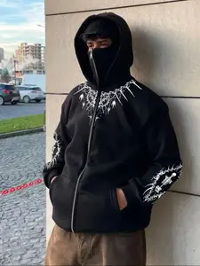 Men's Black Gothic Skull & Thorns Balaclava Zip-Up Hoodie, Oversized Edgy Streetwear with Full-Face Mask, Multi-Print Subculture & Dark Aesthetic Daily Wear