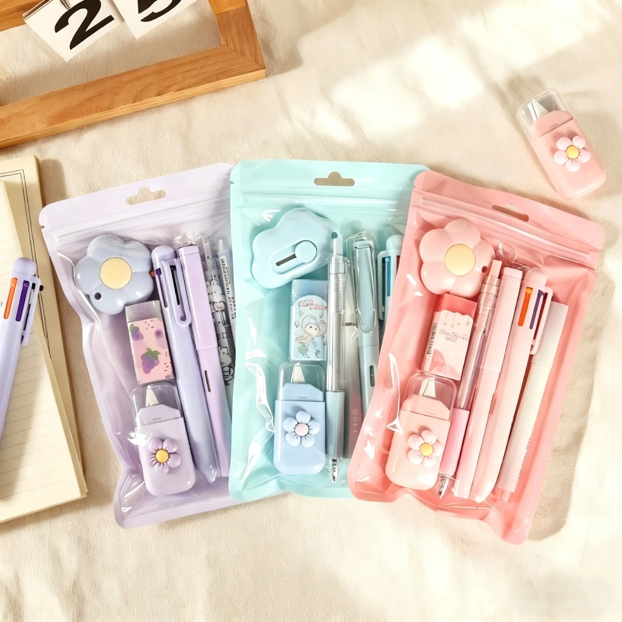 The set includes purple, pink and blue