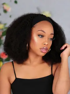Afro Kinky Curly Human Hair Headband Wig for Women, Glueless Wig, 10-16 Inches, 200% Density, Full Machine Made, Short Straight Hairstyle