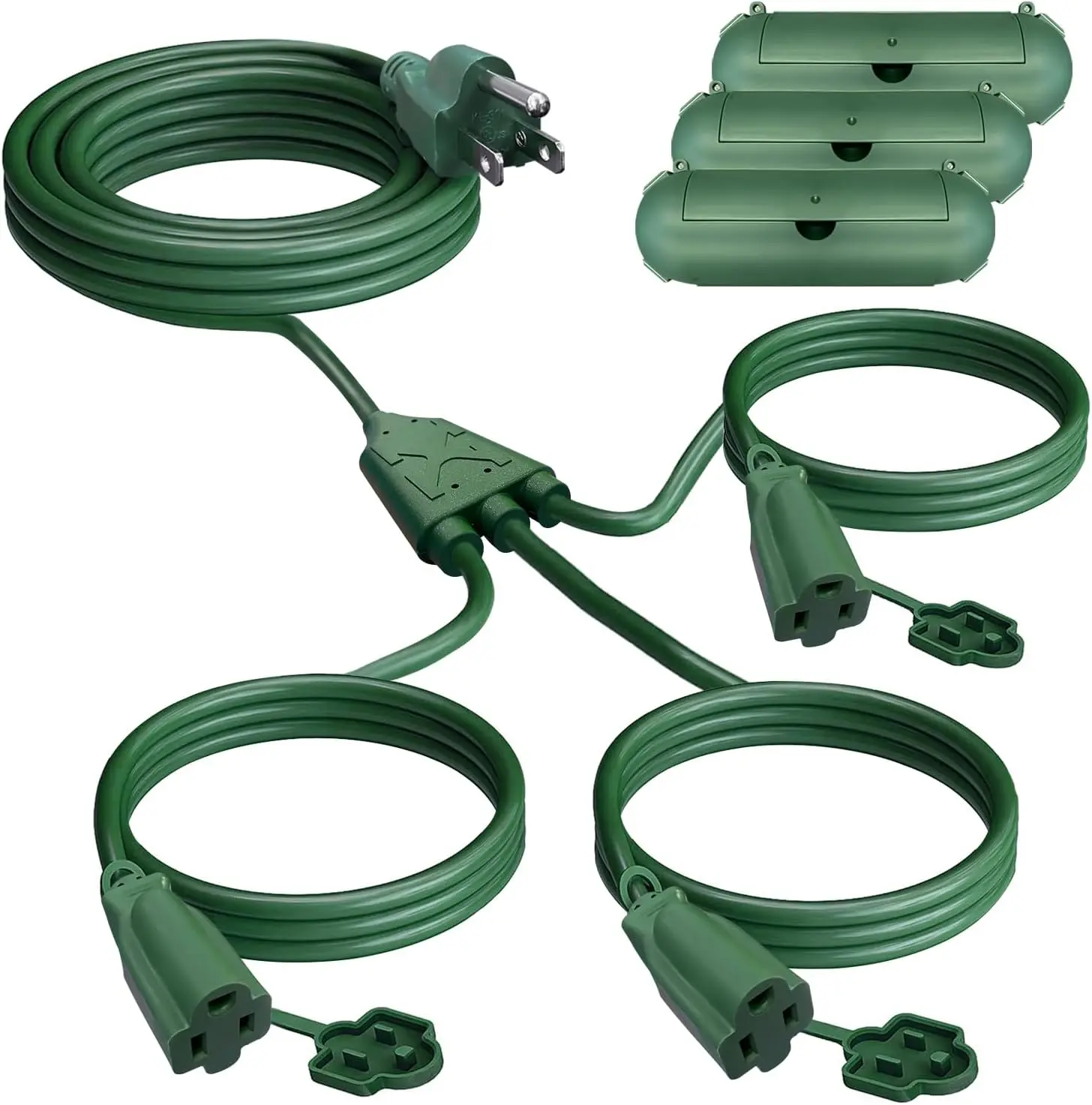 Extension Cord 1 to 3 Splitter, 25/40/50FT Total (13/28/38FT Max) 16/3 SJTW Weatherproof Wire for Holiday Decoration Light, Backyard Lighting, Garden Equipment, Power Tools Green/Black