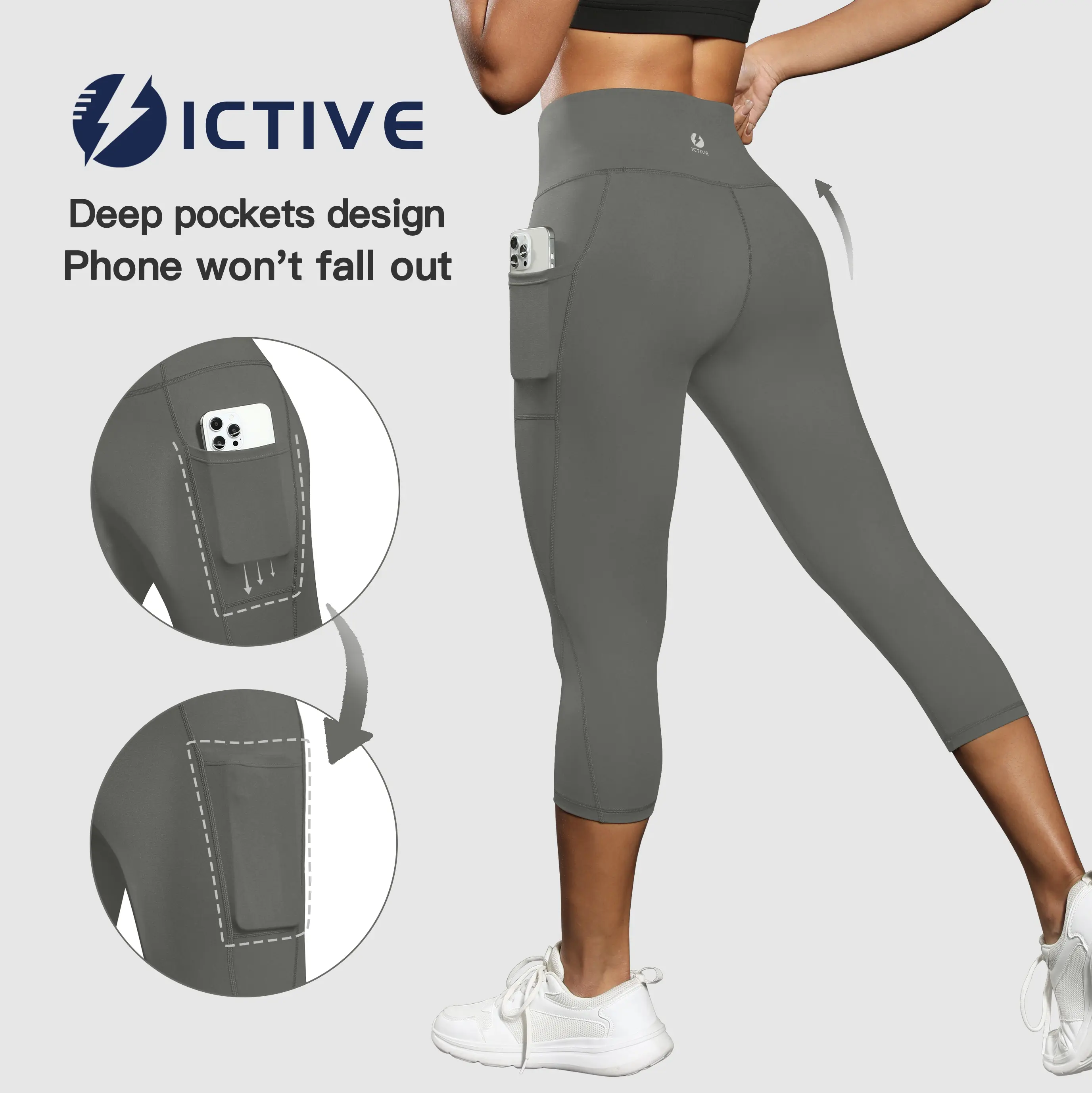 ICTIVE Women's High Waist Capri Leggings with Pockets, Crisscross Seam Tummy Control Activewear for Yoga & Fitness, Capri Pants