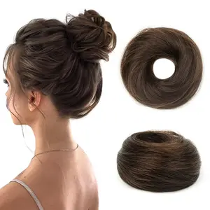 Human Hair Bun Hair Piece Elastic Rubber Band Stretchy Fluffy Tousled Updo Chignons Hair Piece for Women