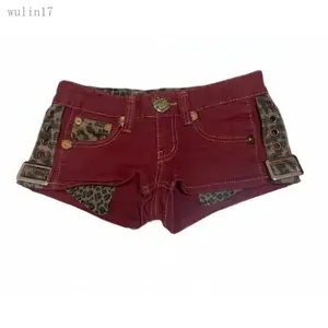 New2025sexy leopard print red denim shorts women's summer retro low-rise hot pants  shorts jeans