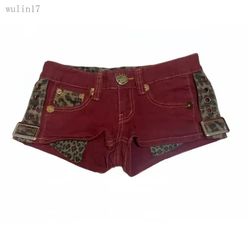 Women's 2025 Fitted Leopard Print Red Denim Streetwear Hot Pants - Retro Low-Rise Summer Sporty Shorts, Sports & Outdoor Clothes, Sporty Sports Shorts