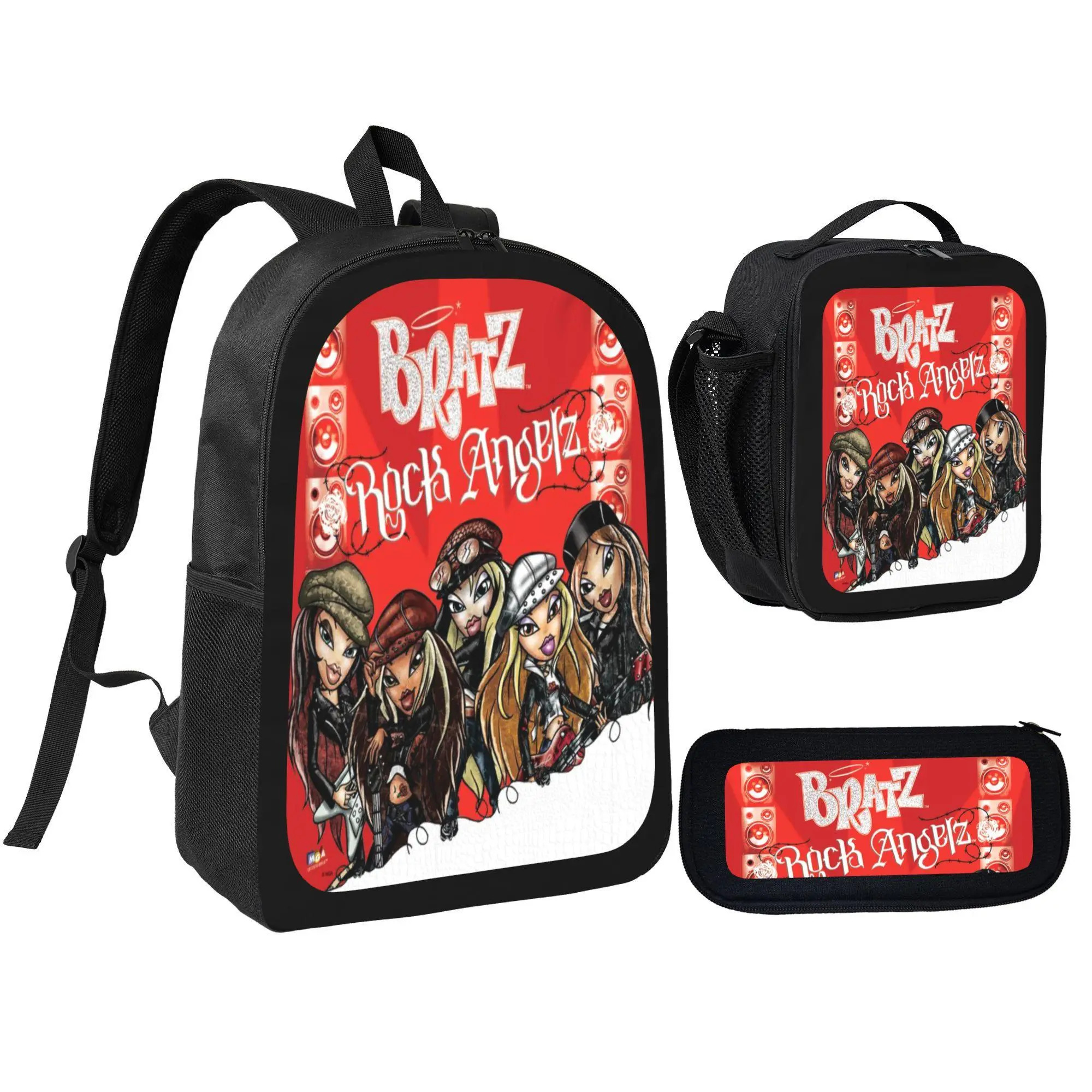 3Pcs Backpack Set Bratz Rock Angelz With Lunch Bag Pencil Pouch School Bag For Girls Kids Students