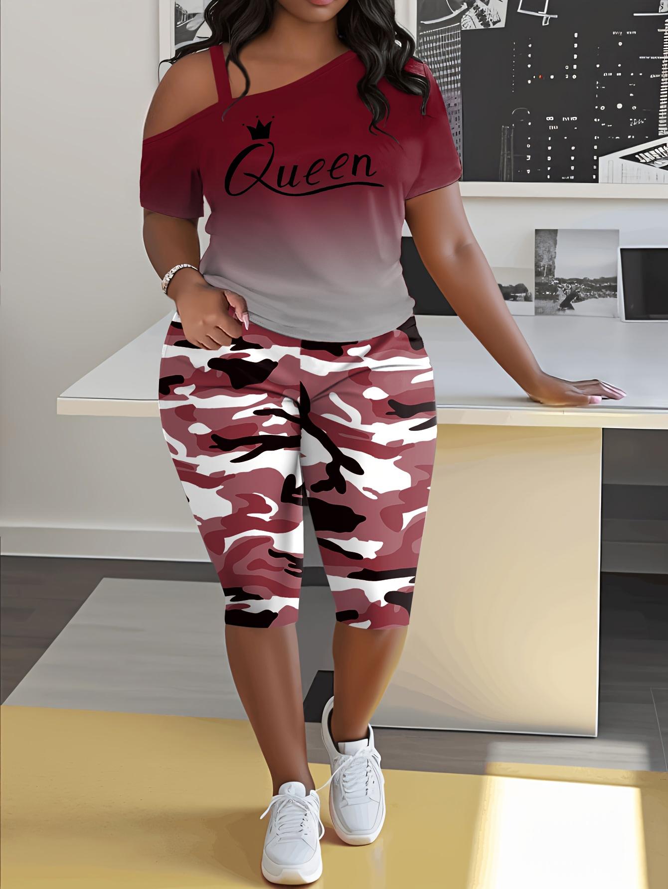 Women's 2-Piece Casual Chic Cowl Neck Shortsleeve Outfits - "Queen" Lettering Camisole, Camouflage Shorts, Casual Vacation Wear, Casual Chic Set
