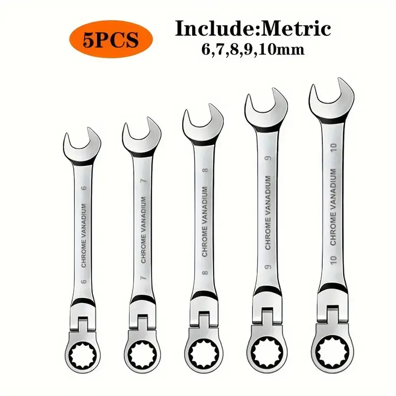 5PCS Metric Flexible Head Ratchet Wrench Set - 6mm,7mm,8mm,9mm,10mm Chrome Vanadium 72-Teeth Head, Reversible Versatile Tool for Mechanics