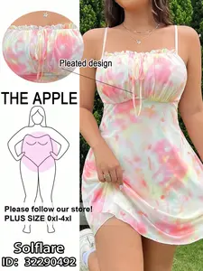 Solflare Plus Size Summer Mesh Floral Bow Spaghetti Strap A-Line Dress – Breathable & Stylish