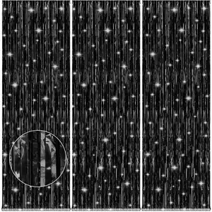 3Pack Black Foil Fringe Curtains Party Streamers 3.2ft x 8.2ft Door Streamer Tinsel Streamers Black Party Decorations Photo Booth for Halloween New Year Holiday Celebration Party Decoration