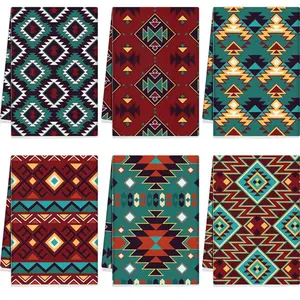 Set of 6 Western Aztec Kitchen Towels Vintage Themed Dish Towel