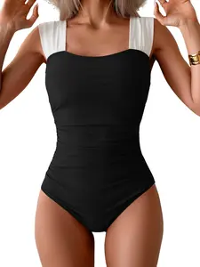 B2prity Womens One Piece Swimsuit Retro Square Neck Tummy Control Bathing Suits Ruched Modest Full Coverage Swimwear
