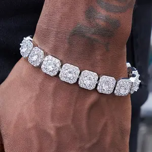Elegant Jewelry Bracelet for Men, Square Full Artificial Gemstone Rock Sugar Design, Rhinestone-Decorated Silver-Plated Chain, Hip Hop INS-Inspired Accessory