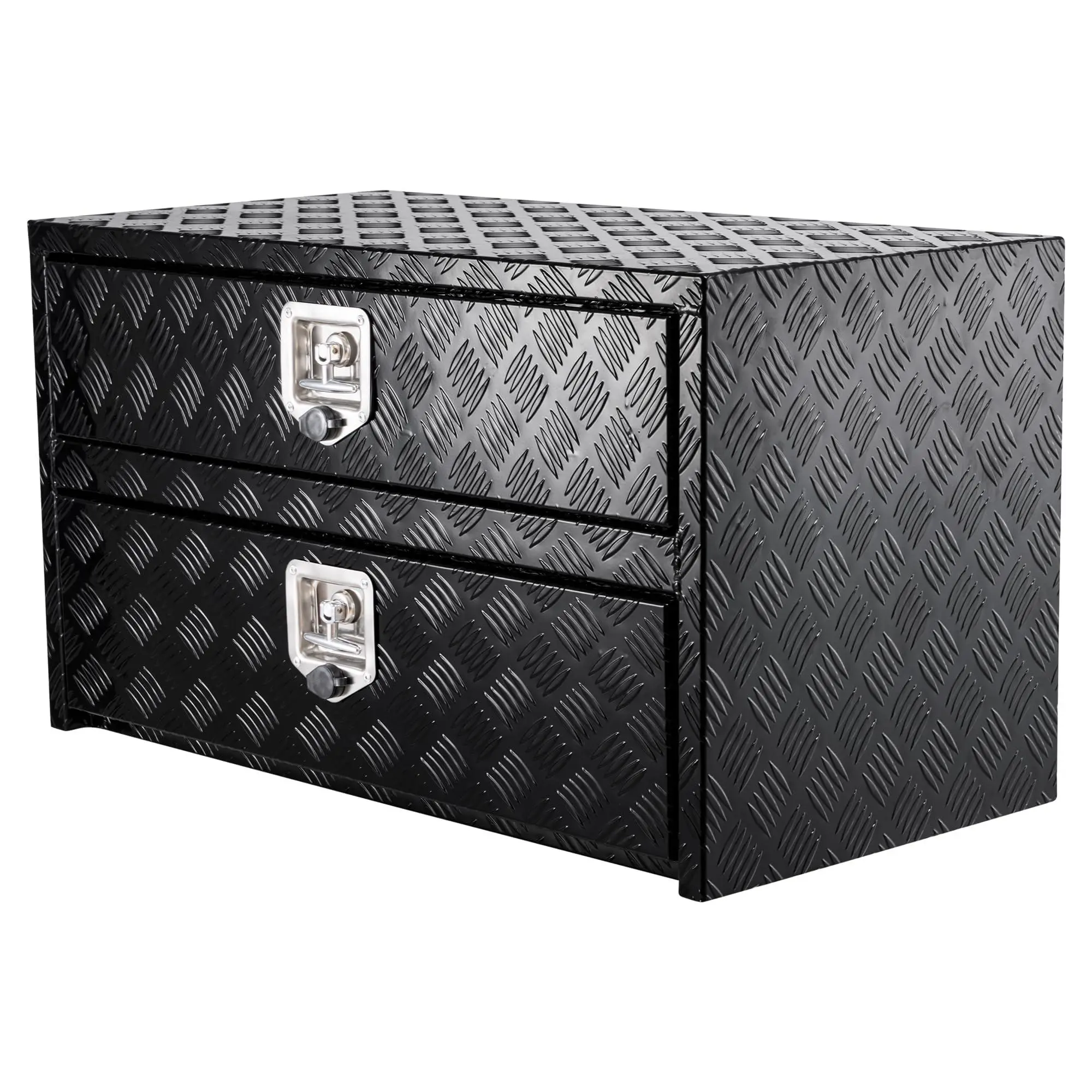 Aluminum truck underbody toolbox — two-tier drawers, security lock with keys, waterproof — fits pickup trucks, beds, RVs, and trailers — heavy-duty construction, 24 inches patio chairs side view mirror silver gray garden lawn all-weather use bistro table
