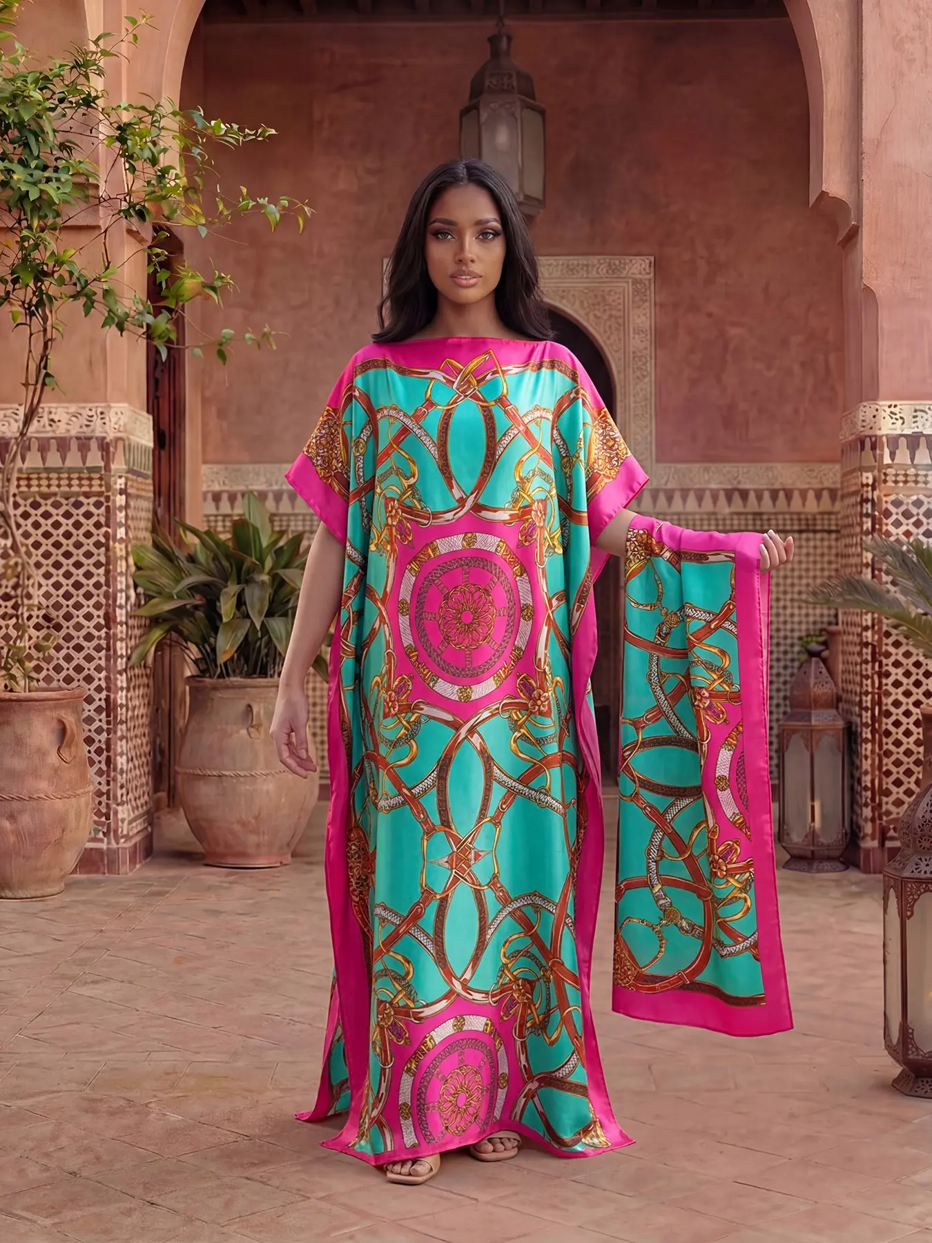 Elegant Dopamine Color Set, Simulated Silk Chain Print Muumuu Long Dress Robe, Women's Sun Protection Satin Scarf