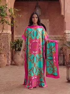 Elegant Dopamine Color Set, Simulated Silk Chain Print Design, Moo Moo Long Dress Robe, Sun Protection Satin Scarf Shawl for Women