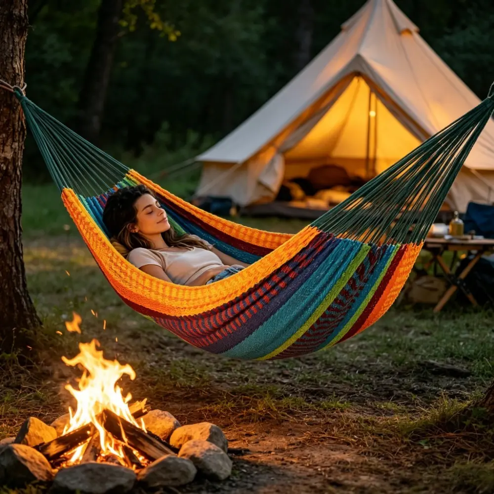 Hand-woven Plus-size Mayan Hammock, 10.5-foot Soft Rope Double Hammock, Comes with a Portable Storage Bag, Two Suspenders, and a Climbing Buckle, Suitable for Outdoor Use in the Yard, 550 Pounds, Multi-color Optional