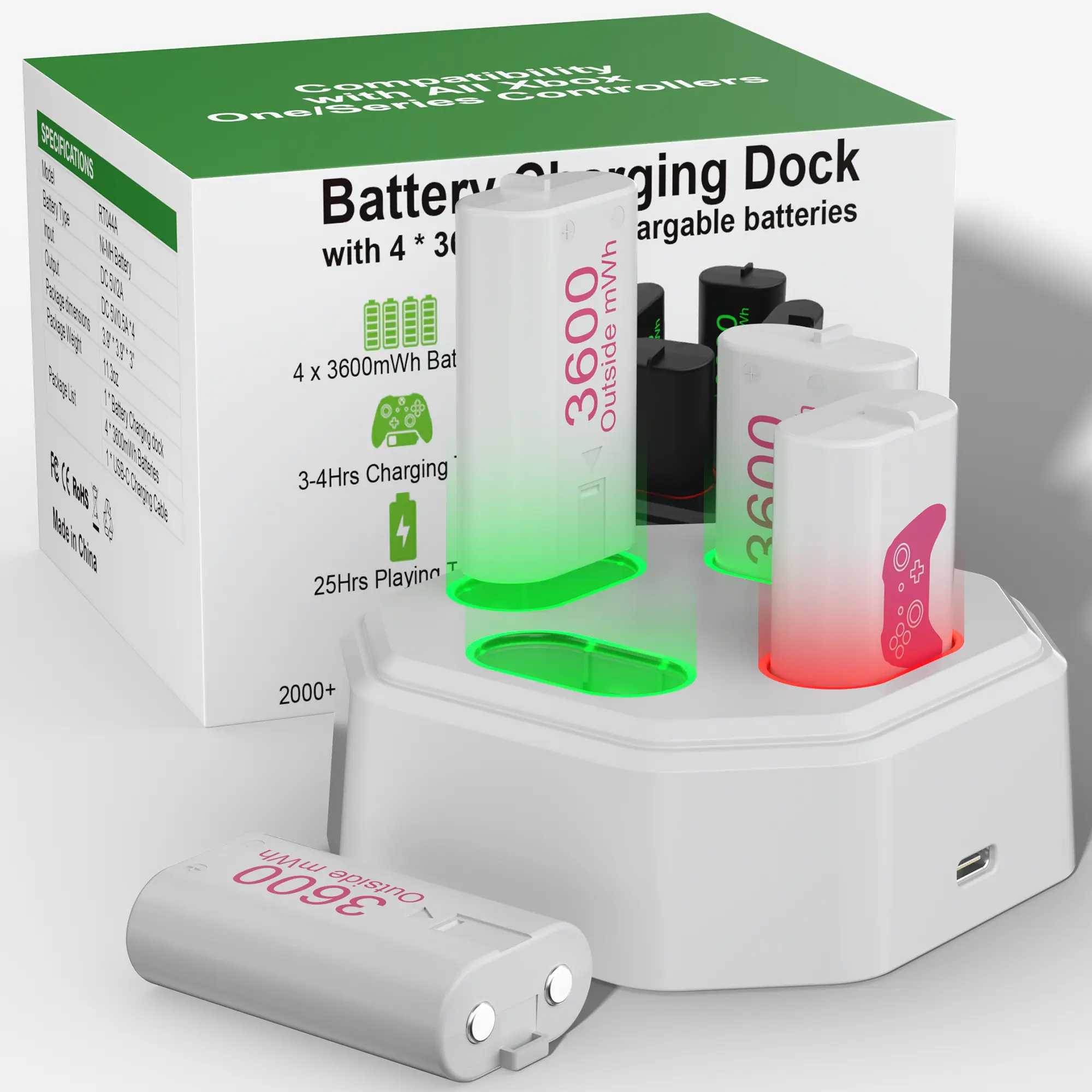 Pink Xbox Controller Rechargeable Batteries Complete Kit (4x3600mWh, 1x Fast-Charging Dock) - USB Type-C, LED Light, Eco-Friendly, Overheat Protection, Long-Lasting Power, Compatible with Xbox 1/Elite Series X-S Gaming Console Accessory