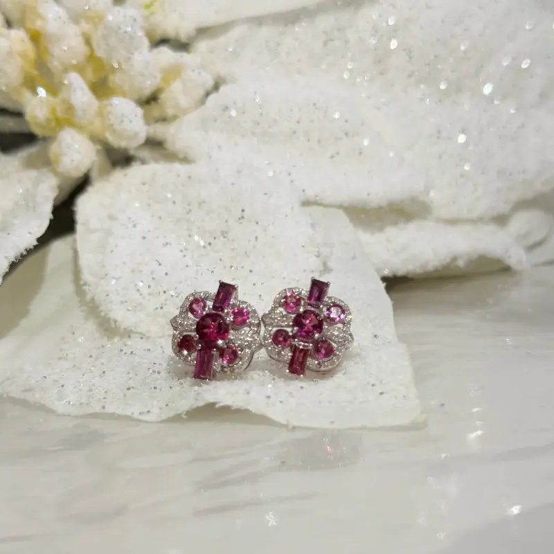 Elegant Floral Design Earrings with Pink and Clear Stones for Women's Fashion Accessory