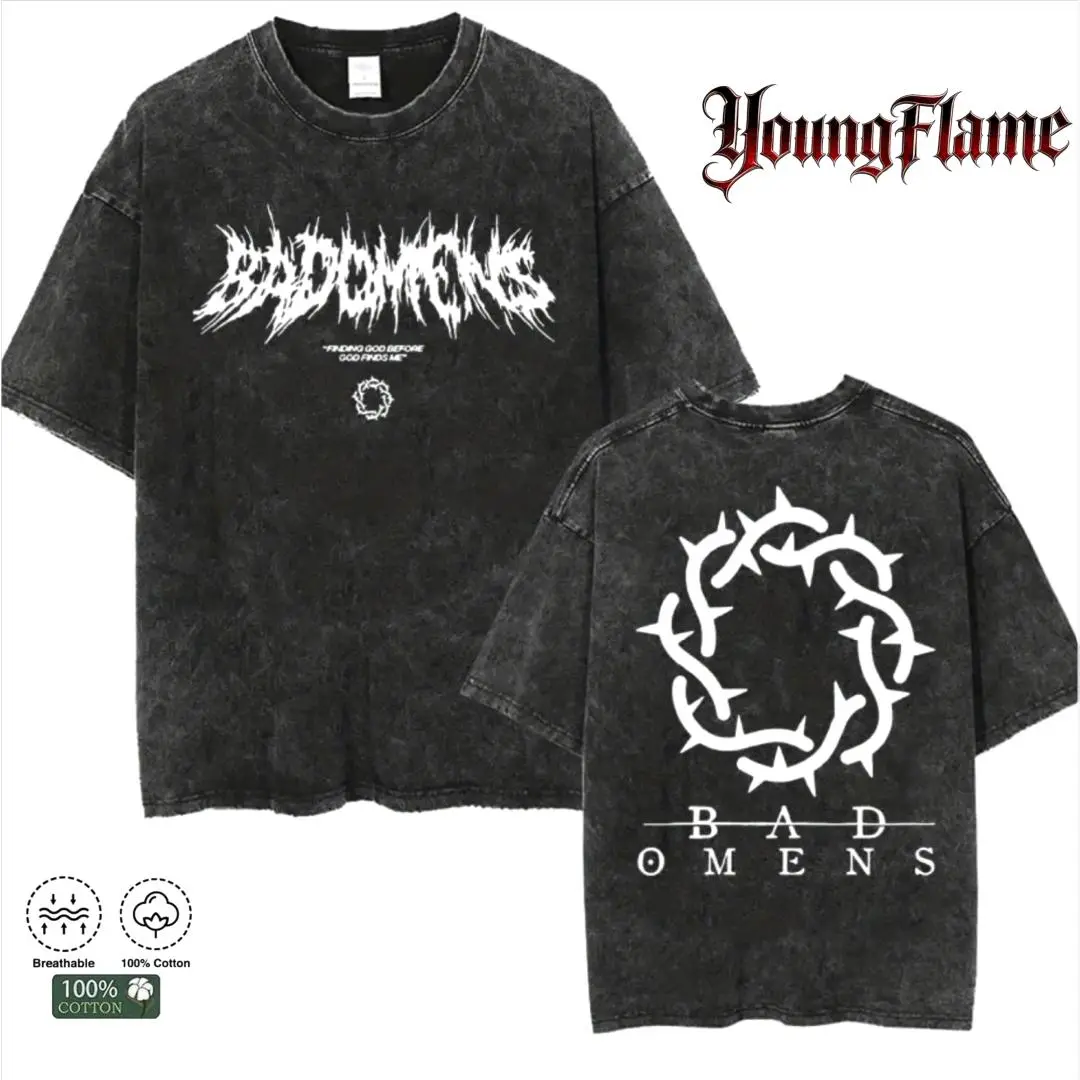 Men's Bad Omens Band Oversize Crew Neck Shortsleeve Tshirt - Vintage Worn-In Effect, Heavy Metal Graphic Print, Cotton Black Tee, Streetwear Tour Merch, Casual Summer Gift (Multi-Size)