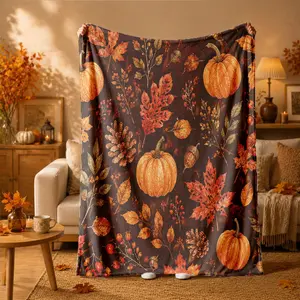 Vintage Dark Autumn Pumpkin and Maple Leaf Print Flannel Blanket - Suitable for all seasons, soft, lightweight and breathable, for bedroom, seasonal and holiday decorations - Perfect for beds, sofas, offices, camping and travel