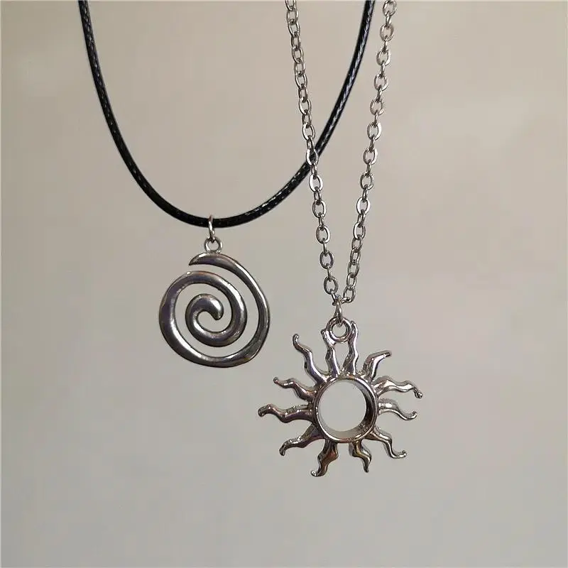 Vintage Goth 90s Silver Color Spiral Vortex Pendant Leather Rope Chain Necklace For Women Men Y2K Aesthetic Jewelry Accessories