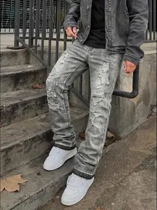 Men's Distressed Denim Jeans, Y2K Stackable Pants, Loose-Fitting Button Fly, All Seasons Casual Wear, Patchwork Design