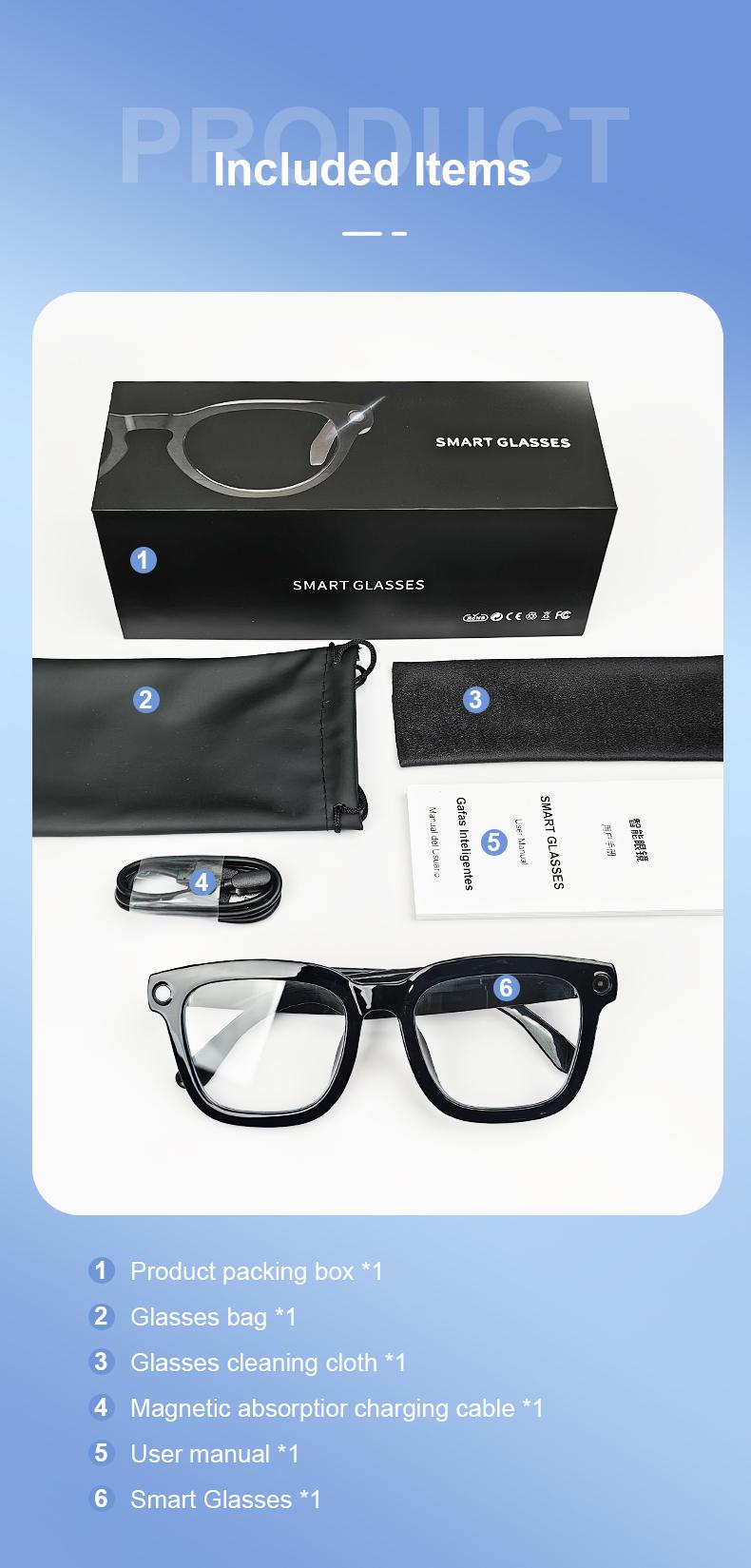 Smart Bluetooth Glasses with Camera, 1080p Video Recording Wearable Glasses, Multifunctional Wireless Audio Glasses with Headphone, Outdoor Sports Camera Sunglasses with Intelligent Voice Assistant, Anti-blue Light Protection Eyeglass Smart Bluetooth Glasses with Camera, 1080p Video Recording Wearable Glasses, Multifunctional Wireless Audio Glasses with Headphone, Outdoor Sports Camera Sunglasses with Intelligent Voice Assistant, Anti-blue Light Protection Eyeglass