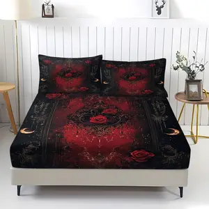 3-piece Gothic Style Blood Rose Patterned Bed Sheet, Decorative bedsheet sets, Including 1 Bed Sheet and 2 Pillowcases, Bedding, Suitable for Bedrooms and Guest Rooms, Suitable for Children and Adults As Gifts