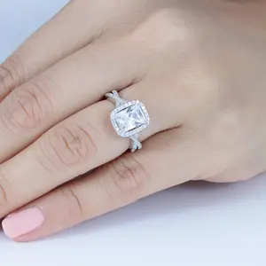 Rectangle Princess Halo 925 Sterling Silver CZ Cubic Zirconia Engagement Ring Wedding Ring Band Size 3-15 ML341