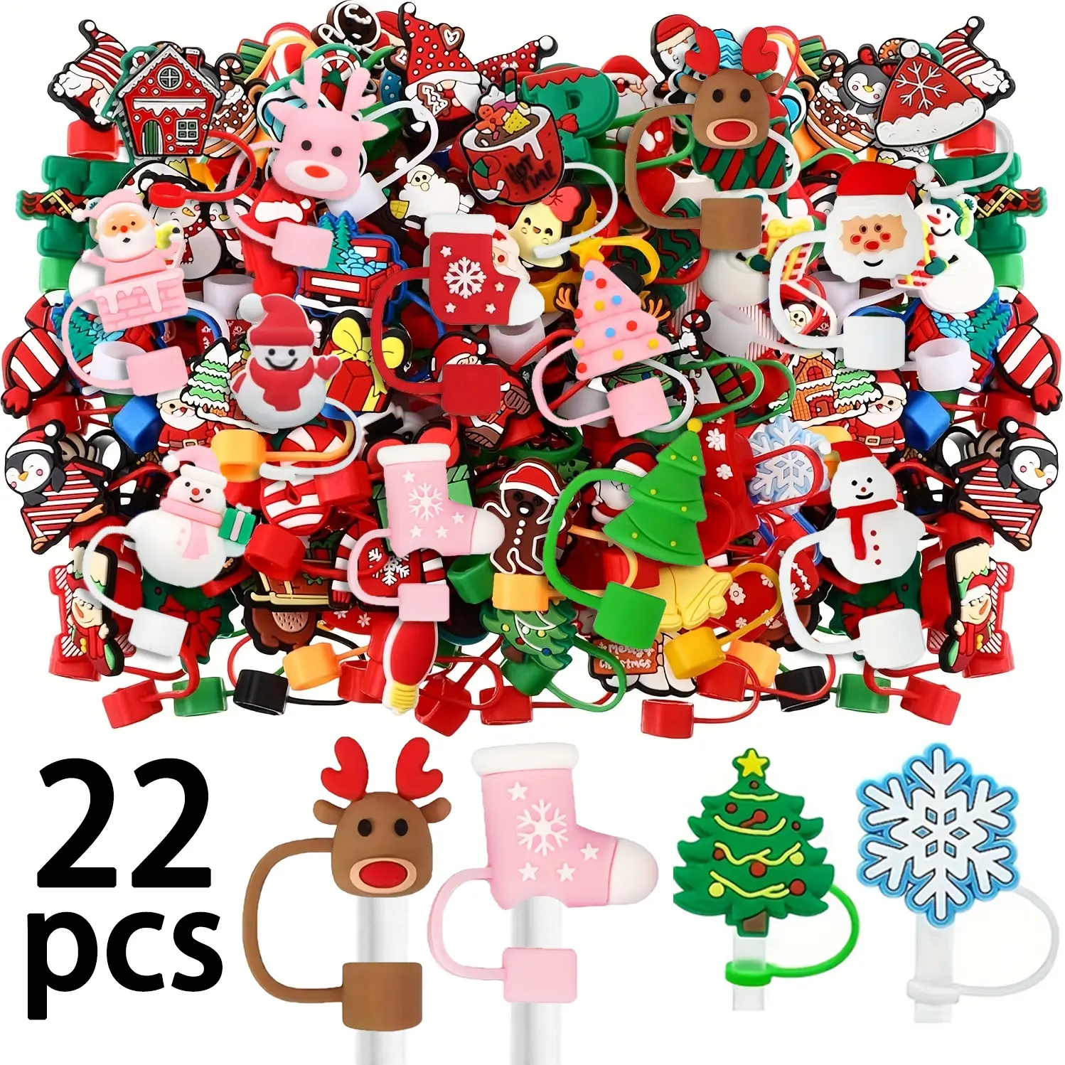 Christmas Theme Straw Set, Drinking Gadgets, 22pcs Reusable Straws Caps, Random Patterns, Fits 9-10mm Straws, Perfect Christmas Gift, No Cups Included