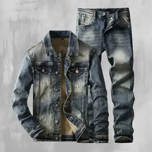 Classic minimalist men’s jeansuit: retro denim jacket and pants two-piece set for autumn and winter, slim-fit streetwear